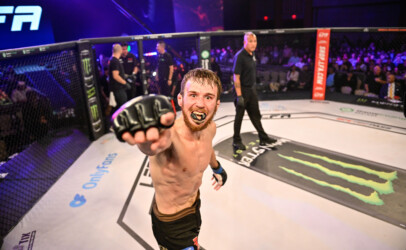 Lance Lawrence points at the camera in the heat of the moment after winning at LFA 194.